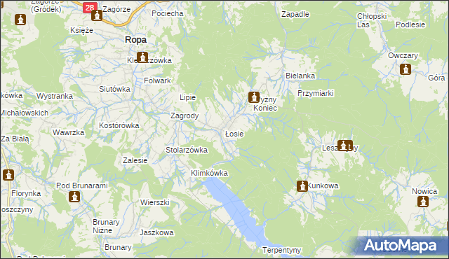 mapa Łosie gmina Ropa, Łosie gmina Ropa na mapie Targeo