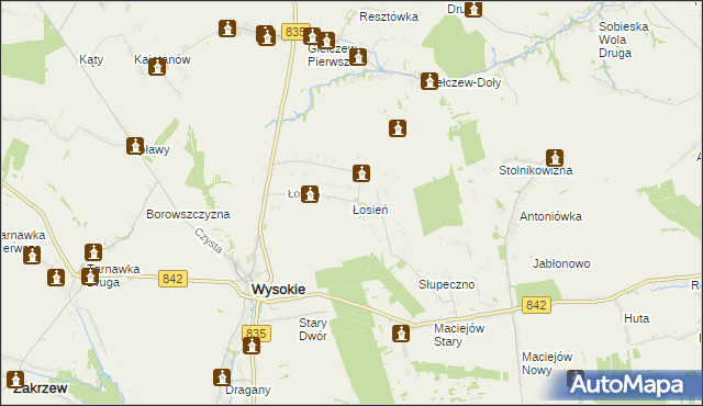 mapa Łosień gmina Wysokie, Łosień gmina Wysokie na mapie Targeo