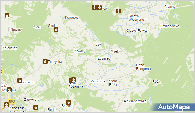 mapa Łosiniec gmina Stoczek Łukowski, Łosiniec gmina Stoczek Łukowski na mapie Targeo