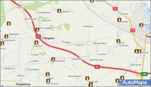 mapa Łowce, Łowce na mapie Targeo