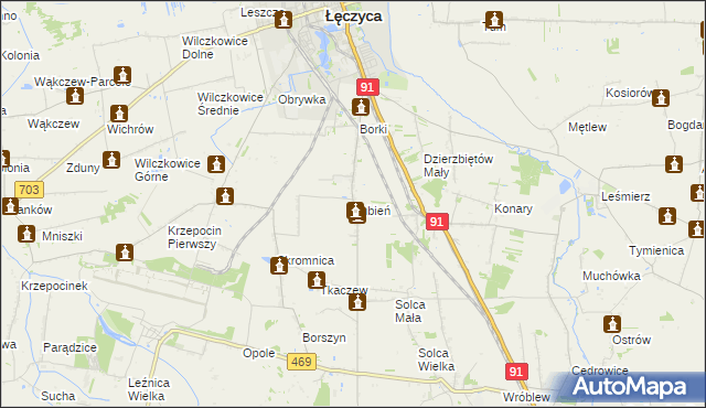 mapa Lubień gmina Łęczyca, Lubień gmina Łęczyca na mapie Targeo