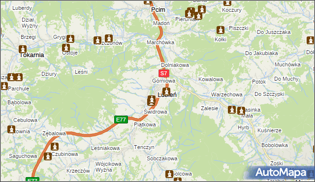 mapa Lubień powiat myślenicki, Lubień powiat myślenicki na mapie Targeo