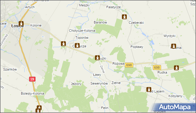 mapa Łuzki gmina Łosice, Łuzki gmina Łosice na mapie Targeo