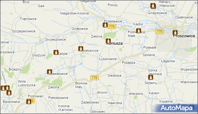 mapa Łyszkowice gmina Koniusza, Łyszkowice gmina Koniusza na mapie Targeo