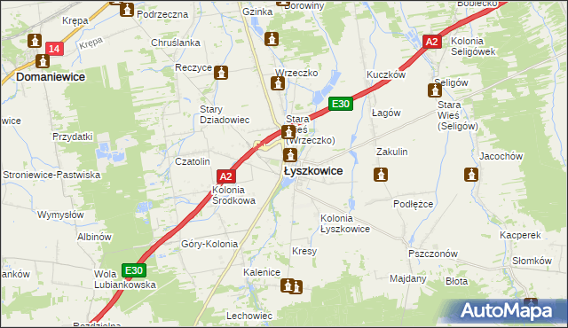 mapa Łyszkowice powiat łowicki, Łyszkowice powiat łowicki na mapie Targeo