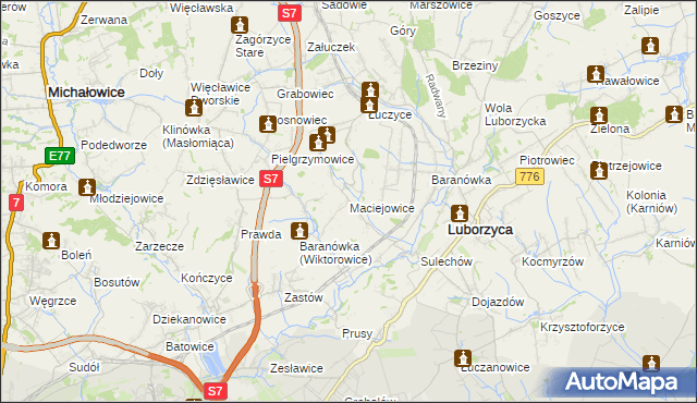 mapa Maciejowice gmina Kocmyrzów-Luborzyca, Maciejowice gmina Kocmyrzów-Luborzyca na mapie Targeo