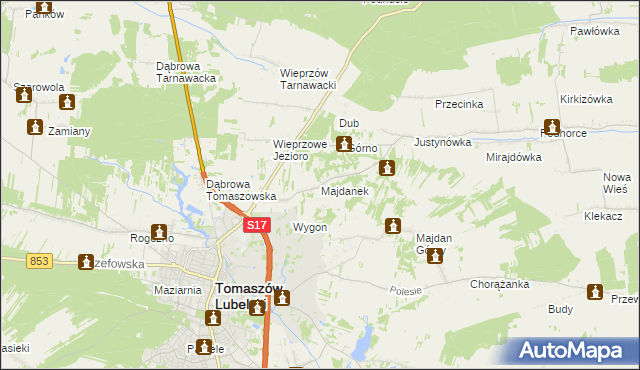 mapa Majdanek gmina Tomaszów Lubelski, Majdanek gmina Tomaszów Lubelski na mapie Targeo