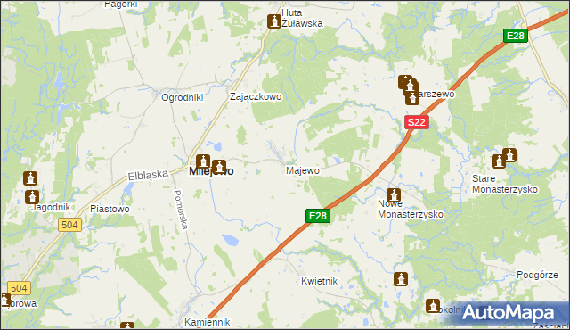 mapa Majewo gmina Milejewo, Majewo gmina Milejewo na mapie Targeo