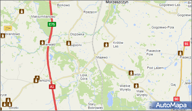 mapa Majewo gmina Morzeszczyn, Majewo gmina Morzeszczyn na mapie Targeo