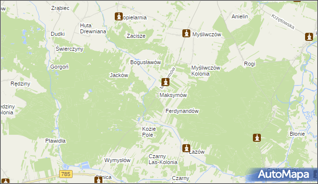 mapa Maksymów gmina Wielgomłyny, Maksymów gmina Wielgomłyny na mapie Targeo