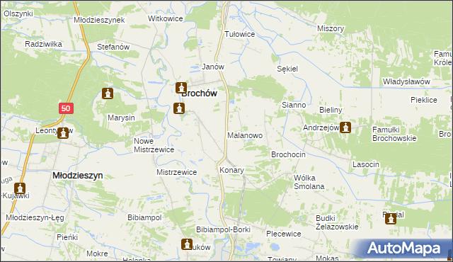 mapa Malanowo gmina Brochów, Malanowo gmina Brochów na mapie Targeo