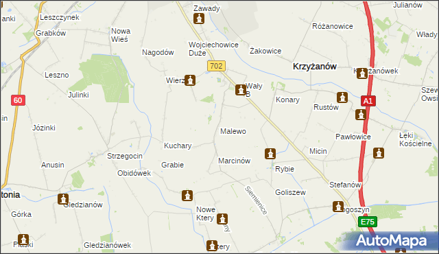 mapa Malewo gmina Krzyżanów, Malewo gmina Krzyżanów na mapie Targeo