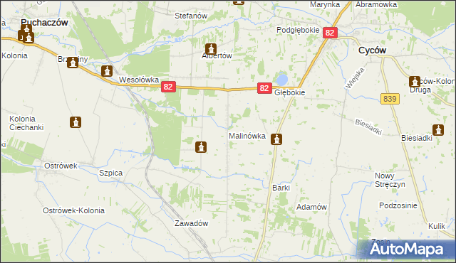 mapa Malinówka gmina Cyców, Malinówka gmina Cyców na mapie Targeo