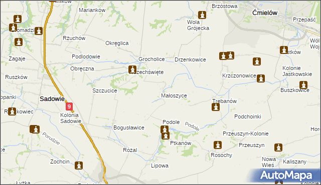 mapa Małoszyce gmina Sadowie, Małoszyce gmina Sadowie na mapie Targeo