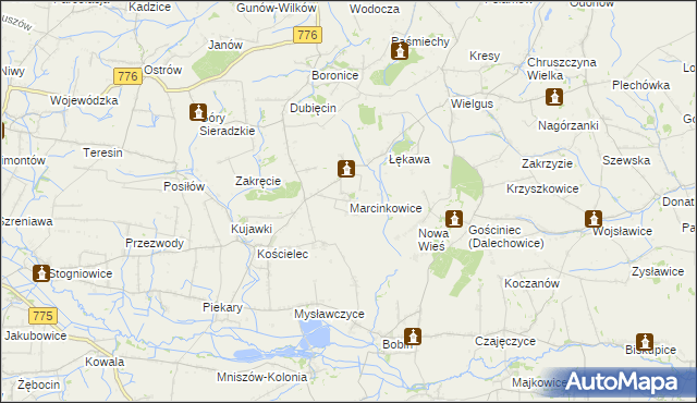 mapa Marcinkowice gmina Kazimierza Wielka, Marcinkowice gmina Kazimierza Wielka na mapie Targeo