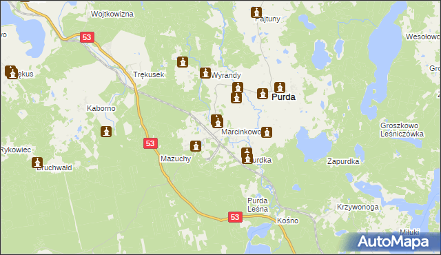 mapa Marcinkowo gmina Purda, Marcinkowo gmina Purda na mapie Targeo