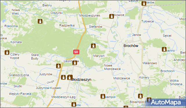 mapa Marysin gmina Młodzieszyn, Marysin gmina Młodzieszyn na mapie Targeo