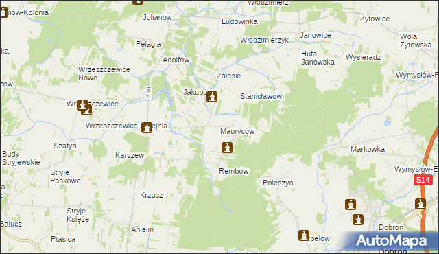 mapa Mauryców gmina Wodzierady, Mauryców gmina Wodzierady na mapie Targeo