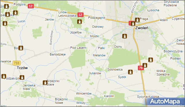 mapa Melanów gmina Zwoleń, Melanów gmina Zwoleń na mapie Targeo