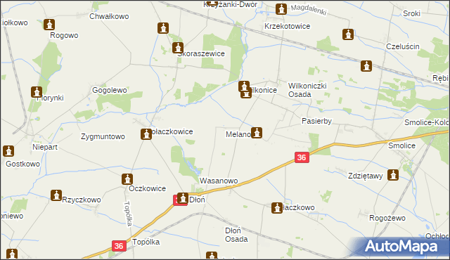 mapa Melanowo gmina Miejska Górka, Melanowo gmina Miejska Górka na mapie Targeo