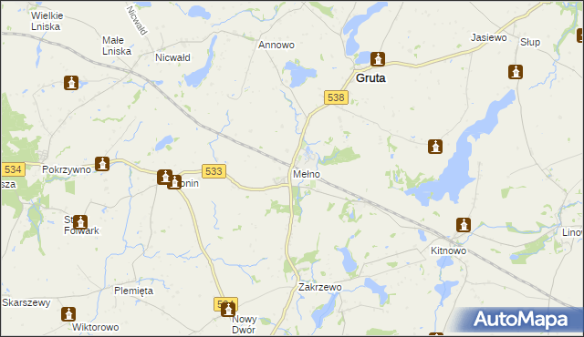 mapa Mełno gmina Gruta, Mełno gmina Gruta na mapie Targeo