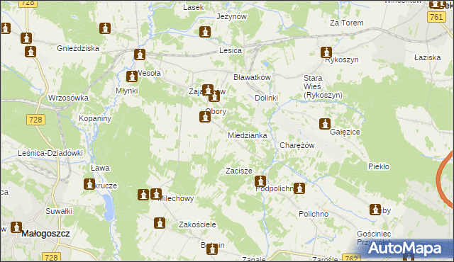 mapa Miedzianka gmina Chęciny, Miedzianka gmina Chęciny na mapie Targeo