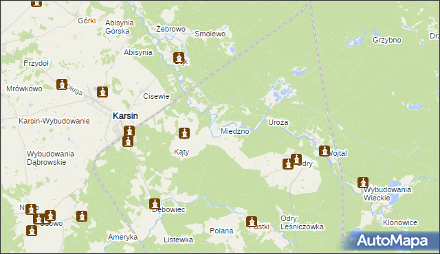 mapa Miedzno gmina Karsin, Miedzno gmina Karsin na mapie Targeo