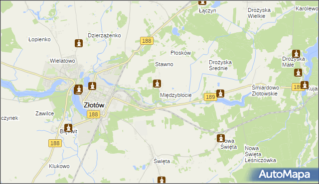 mapa Międzybłocie gmina Złotów, Międzybłocie gmina Złotów na mapie Targeo