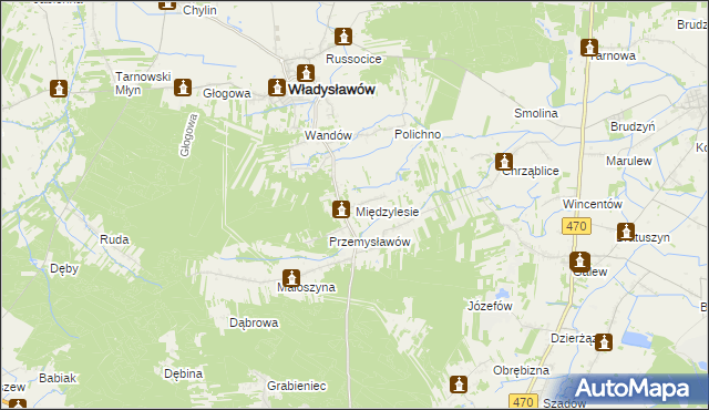 mapa Międzylesie gmina Władysławów, Międzylesie gmina Władysławów na mapie Targeo