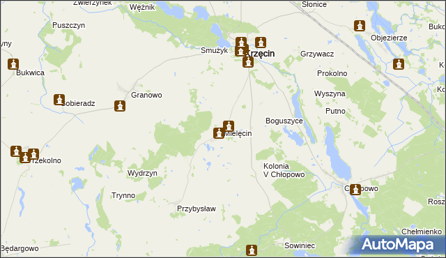 mapa Mielęcin gmina Krzęcin, Mielęcin gmina Krzęcin na mapie Targeo