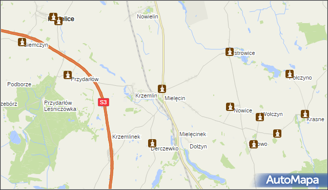 mapa Mielęcin gmina Pyrzyce, Mielęcin gmina Pyrzyce na mapie Targeo