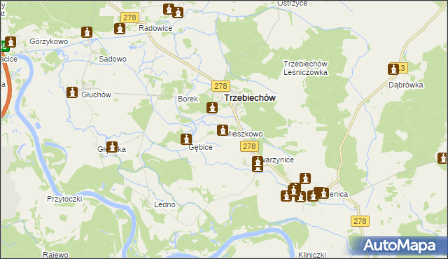 mapa Mieszkowo gmina Trzebiechów, Mieszkowo gmina Trzebiechów na mapie Targeo