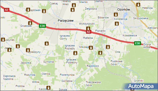 mapa Mikołajew gmina Parzęczew, Mikołajew gmina Parzęczew na mapie Targeo