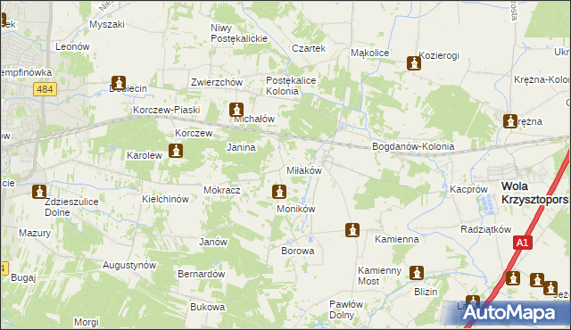 mapa Miłaków gmina Wola Krzysztoporska, Miłaków gmina Wola Krzysztoporska na mapie Targeo