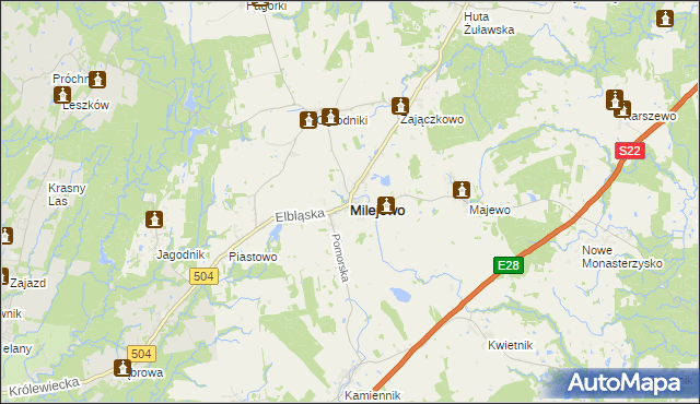 mapa Milejewo powiat elbląski, Milejewo powiat elbląski na mapie Targeo