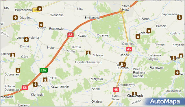 mapa Milejów gmina Ostrówek, Milejów gmina Ostrówek na mapie Targeo