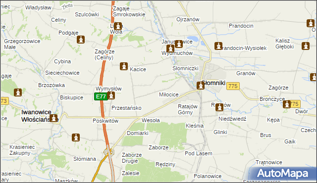 mapa Miłocice gmina Słomniki, Miłocice gmina Słomniki na mapie Targeo