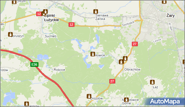 mapa Miłowice gmina Żary, Miłowice gmina Żary na mapie Targeo