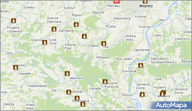 mapa Milówka gmina Wojnicz, Milówka gmina Wojnicz na mapie Targeo