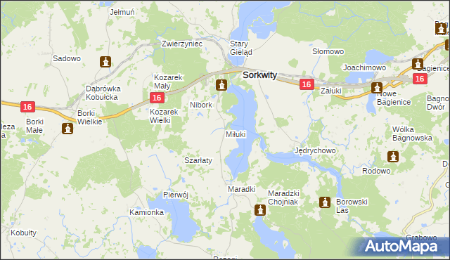 mapa Miłuki gmina Sorkwity, Miłuki gmina Sorkwity na mapie Targeo