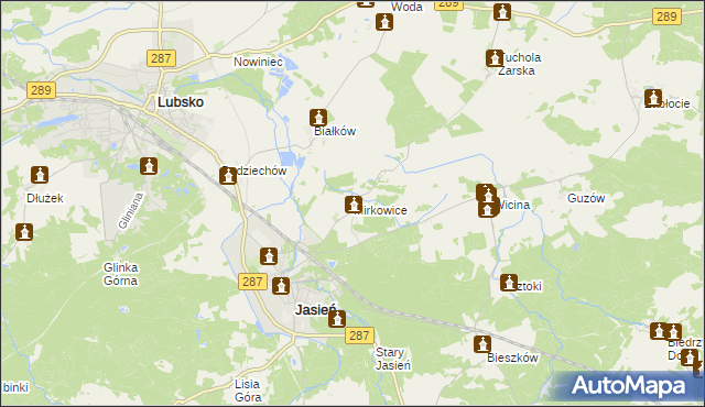 mapa Mirkowice gmina Jasień, Mirkowice gmina Jasień na mapie Targeo