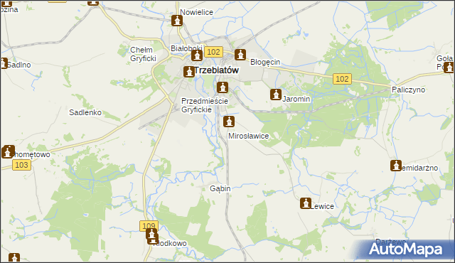 mapa Mirosławice gmina Trzebiatów, Mirosławice gmina Trzebiatów na mapie Targeo