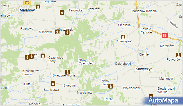 mapa Młodzianów gmina Kawęczyn, Młodzianów gmina Kawęczyn na mapie Targeo