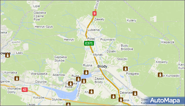 mapa Młynek gmina Brody, Młynek gmina Brody na mapie Targeo