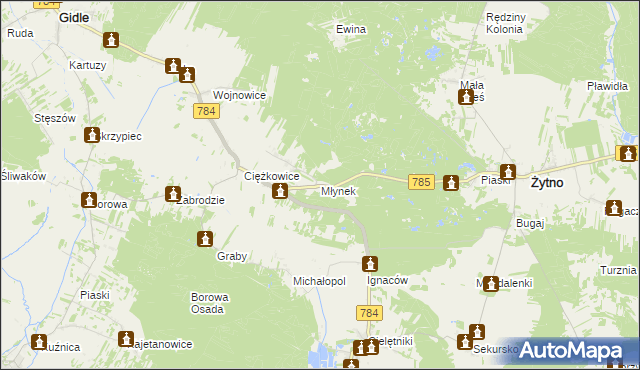 mapa Młynek gmina Gidle, Młynek gmina Gidle na mapie Targeo