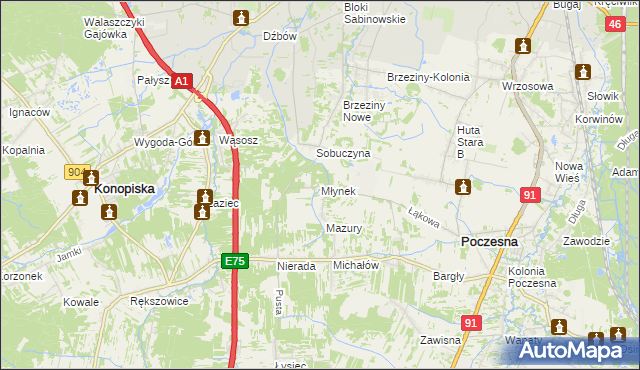 mapa Młynek gmina Poczesna, Młynek gmina Poczesna na mapie Targeo