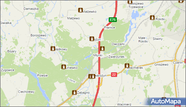 mapa Młynki gmina Tczew, Młynki gmina Tczew na mapie Targeo