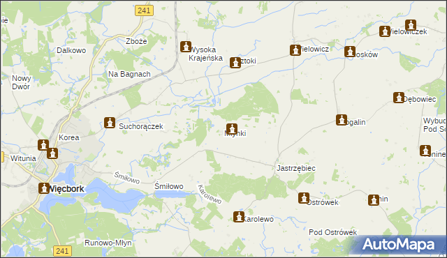 mapa Młynki gmina Więcbork, Młynki gmina Więcbork na mapie Targeo