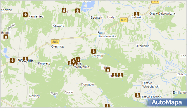 mapa Młynki gmina Wodynie, Młynki gmina Wodynie na mapie Targeo