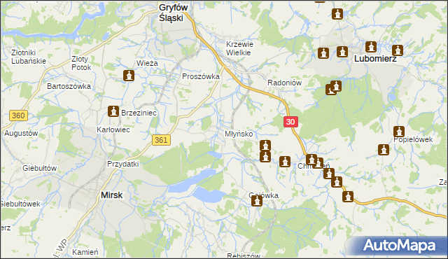 mapa Młyńsko gmina Gryfów Śląski, Młyńsko gmina Gryfów Śląski na mapie Targeo